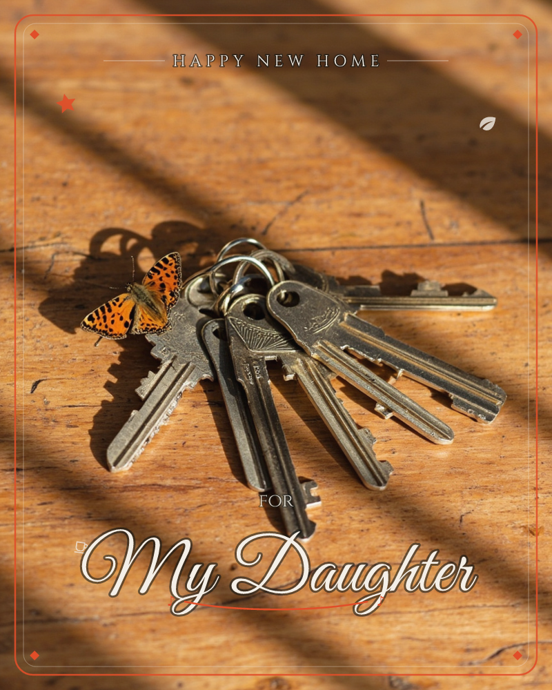 A cluster of old brass and steel keys lies fanned out on a sun-warmed wooden table, striped with hard bars of shadow from a nearby window blind, a new home e-card design