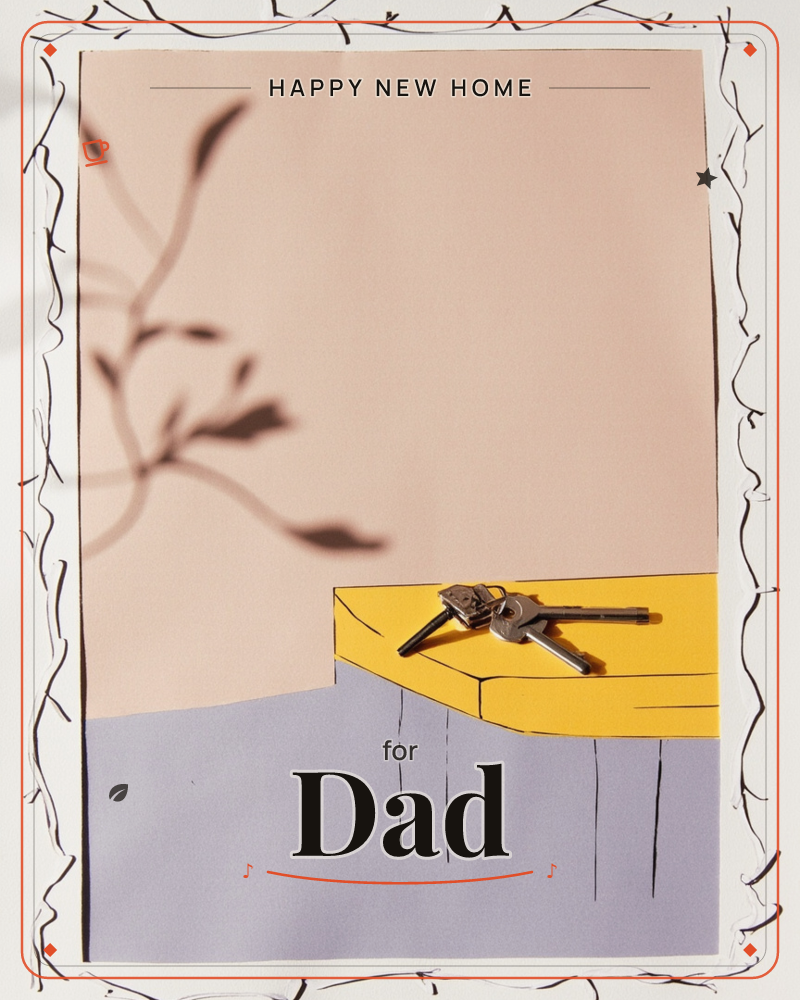 A set of house keys rests on the edge of a mustard-yellow ledge above a pale lavender wall, with a soft branch shadow falling across the blush-pink…, a new home e-card design