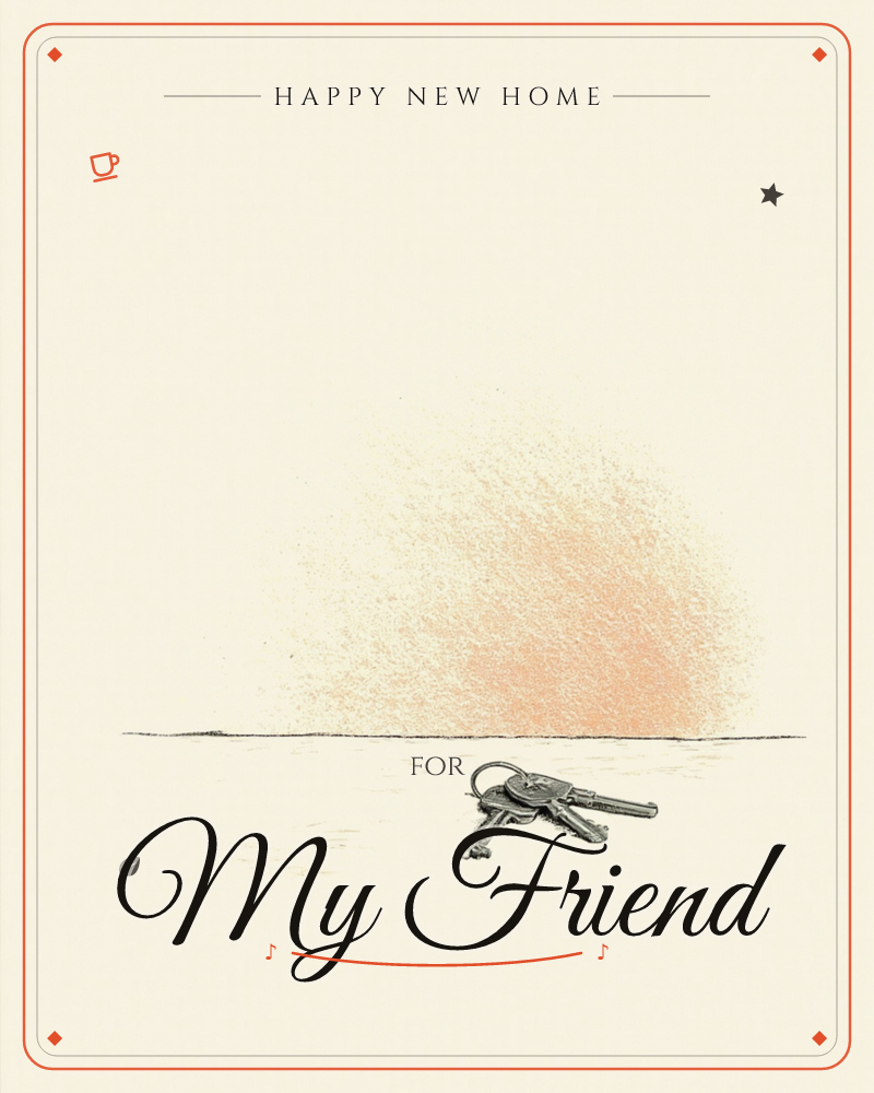 A single ring of old-fashioned keys rests on a bare horizon line, with a soft peach-toned glow rising behind it like a sunrise or sunset, a new home e-card design