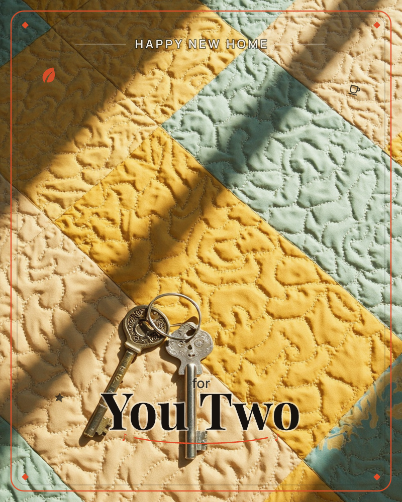 A patchwork quilt in mustard yellow, mint and cream squares is stitched with looping quilted lines, and two old-fashioned ornate keys rest on a ring in…, a new home e-card design