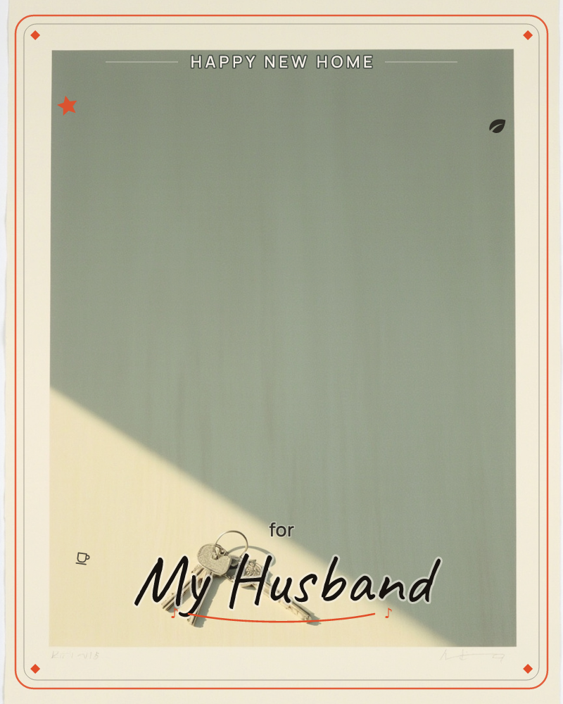 A minimalist print shows a small bundle of keys resting on a diagonal band of warm cream light, cutting across a flat sage-green background, a new home e-card design