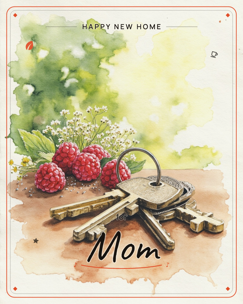 A ring of old brass keys rests on a sun-warmed wooden surface beside a cluster of ripe raspberries and small white wildflowers, a new home e-card design