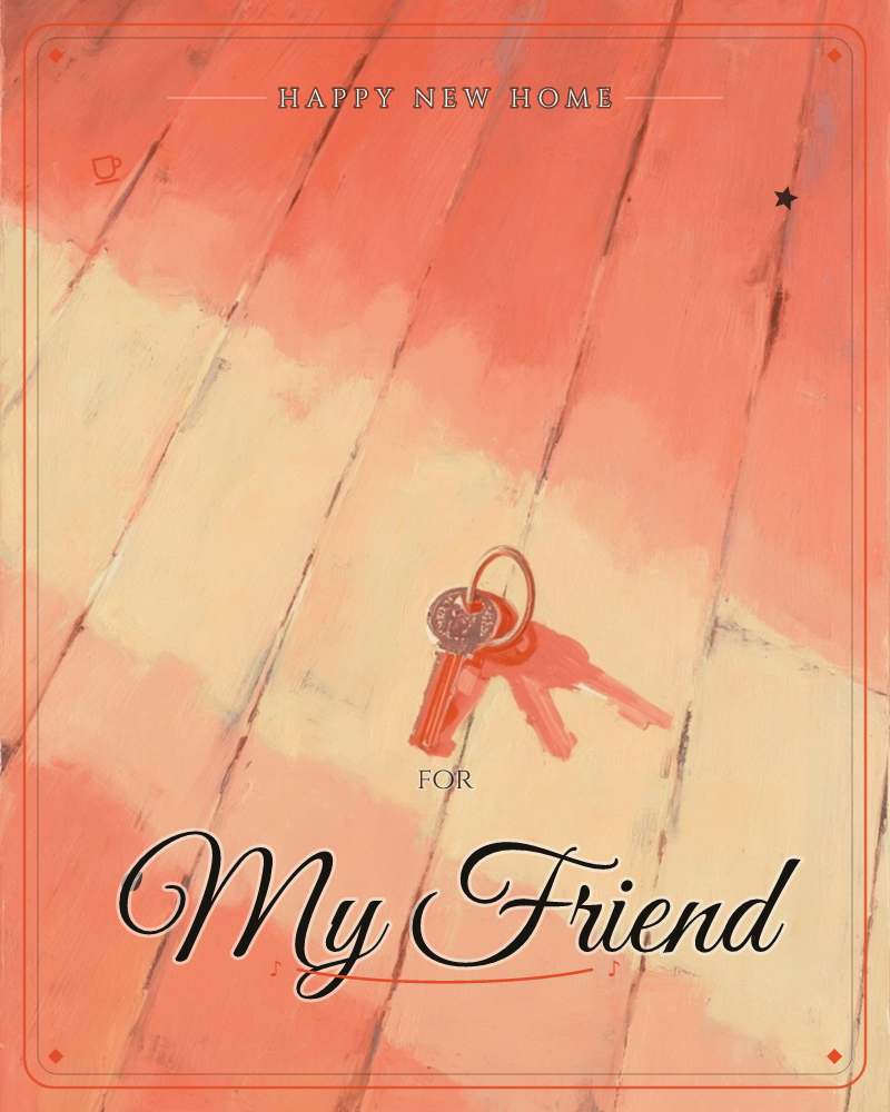A set of keys rests on a wooden floor, painted plank lines running diagonally across the frame, a new home e-card design