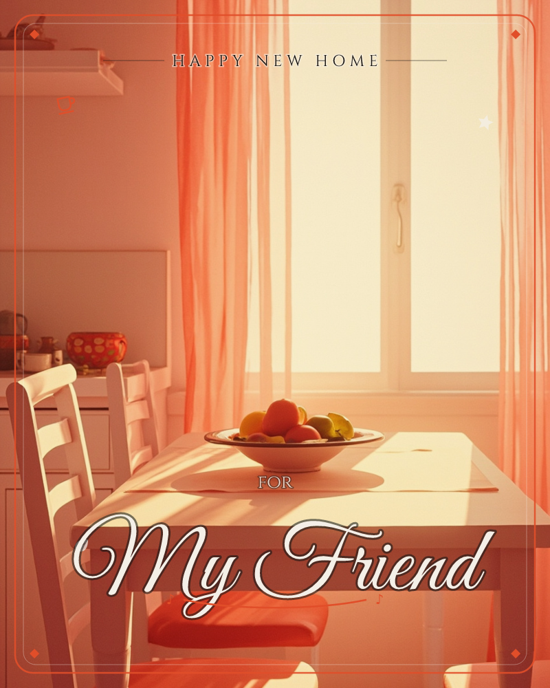 A sunlit kitchen table sits bathed in warm afternoon glow, a bowl of oranges and lemons resting at its centre, a new home e-card design