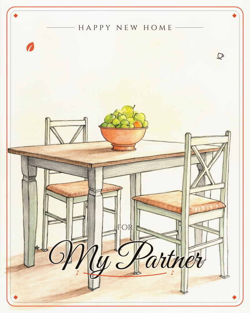 A simple wooden kitchen table sits with two mint-green chairs on either side, a terracotta bowl of green apples with one orange fruit tucked among them…, a new home e-card design
