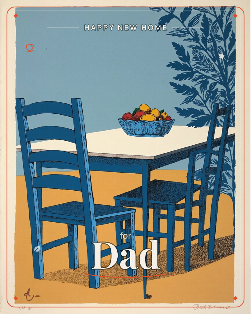 A stylised outdoor table setting rendered in bold blue linework, with three ladder-back chairs pulled around a white-topped table under a leafy…, a new home e-card design