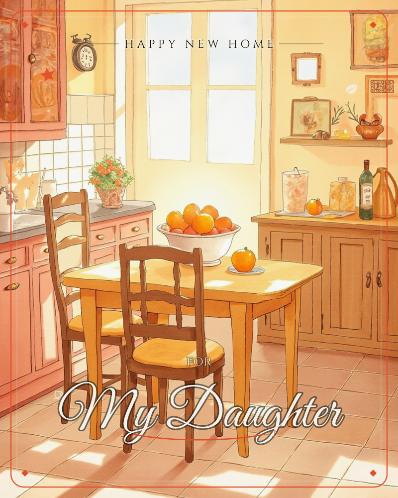 A sunlit cottage kitchen glows in warm amber light, with a wooden table set with a bowl of oranges and two mismatched chairs pulled up close, a new home e-card design