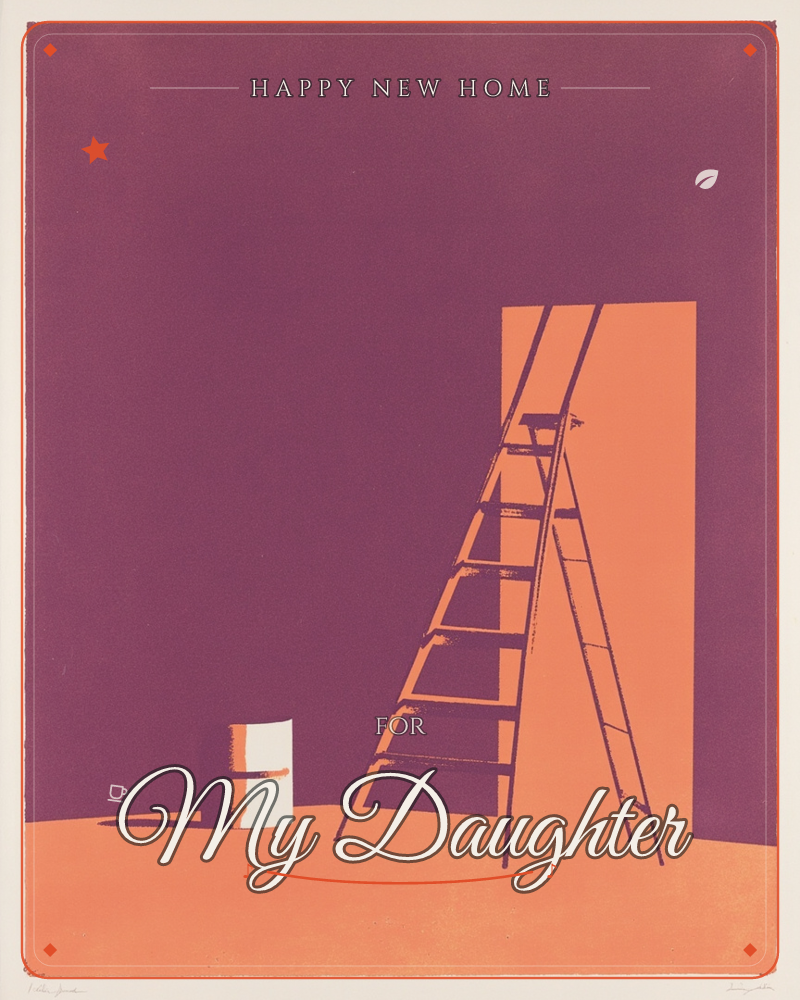 A stepladder leans against a plum-purple wall in front of a tall orange doorway, its silhouette cutting sharp across the glowing rectangle of light, a new home e-card design
