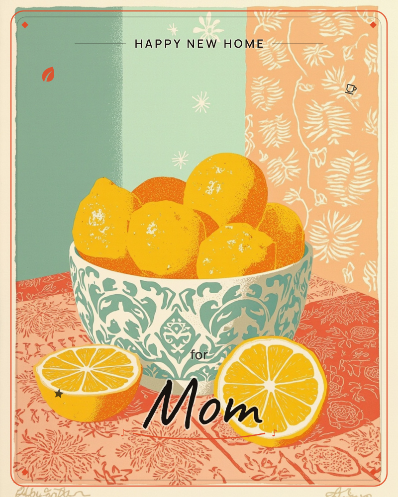 A patterned bowl heaped with lemons and oranges sits on a coral tablecloth printed with floral motifs, two lemon halves cut open in front of it, a new home e-card design