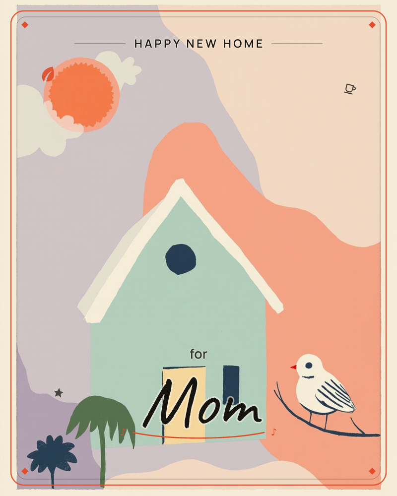A mint-green house with a triangular roof and round dark window sits against a bold coral hill and lavender sky, an orange sun glowing at top left, a new home e-card design
