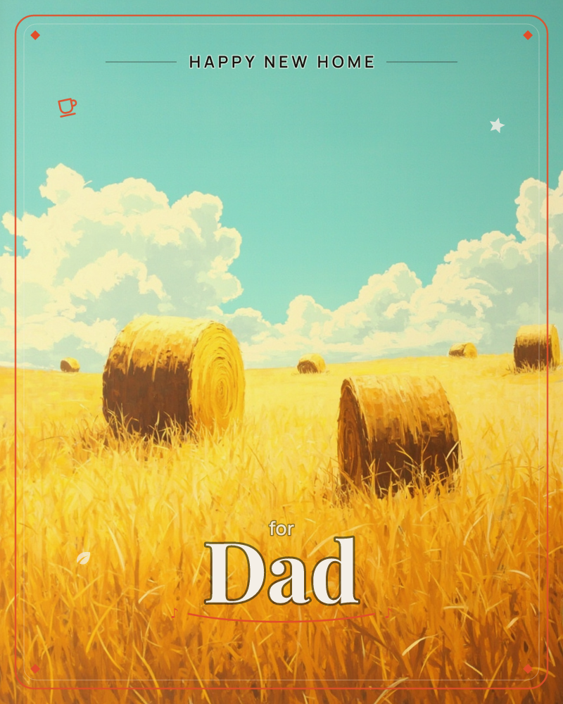 A golden harvest field stretches out under a bright turquoise sky, dotted with round hay bales sitting in rows toward the horizon, a new home e-card design