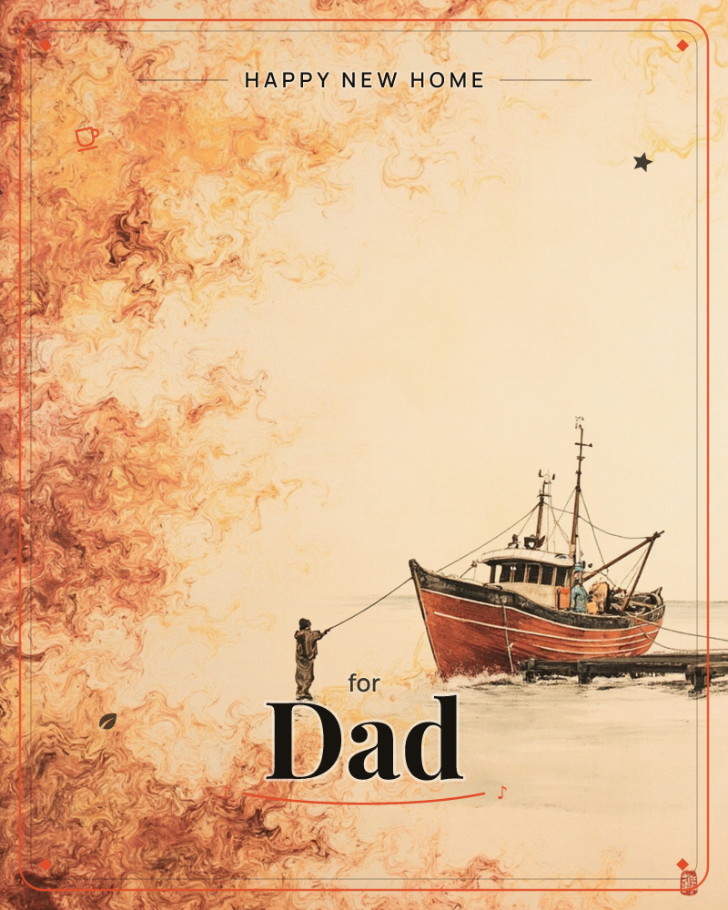 A fisherman stands in shallow water, pulling a rope tied to a weathered red and black fishing boat moored beside a wooden dock, a new home e-card design