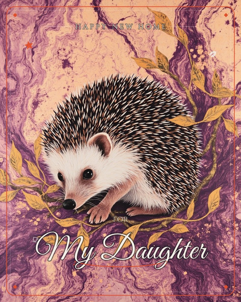 A small hedgehog with a white face and dark quilled back sits nestled among curling golden vines and leaves, its tiny paws and dark eyes catching the…, a new home e-card design