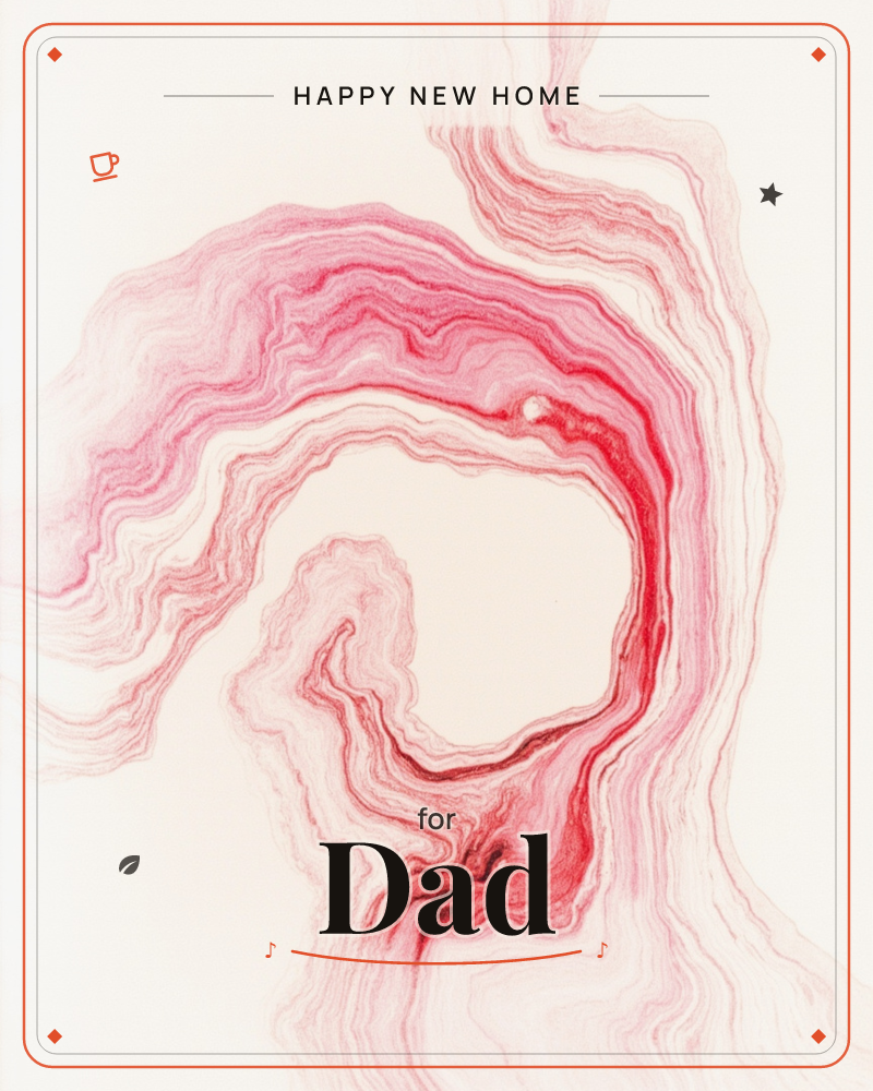 A swirling abstract pattern of red and pink marbled lines curls across a pale cream background, like ink bled through water or agate stone sliced open, a new home e-card design