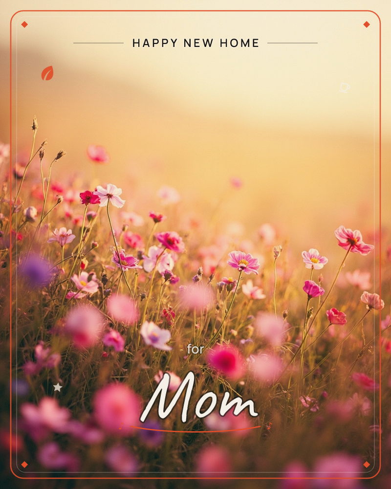 A meadow of cosmos flowers sways in pink, magenta, and lavender against a hazy golden sunset light, a new home e-card design