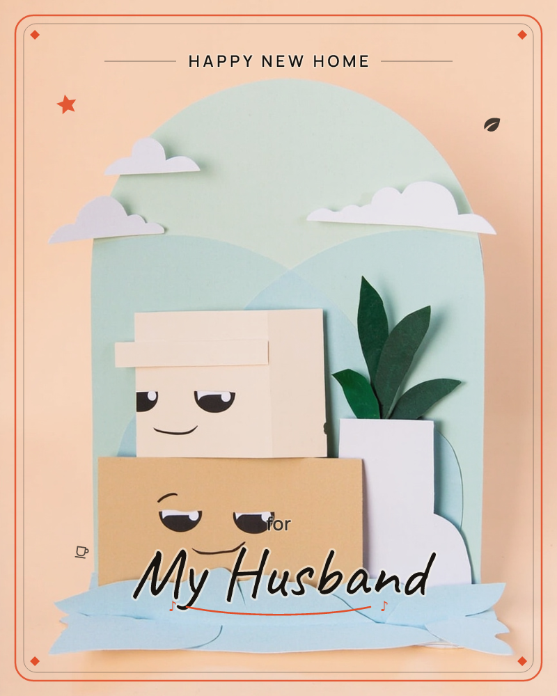 A paper-craft illustration shows two stacked moving boxes with sleepy, heavy-lidded cartoon faces, propped on a pale blue cushion against a mint…, a new home e-card design
