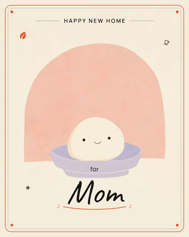A small round bun with a happy dot-eyed face sits nestled in a lavender bowl, framed by a soft coral-pink arch on a warm cream background, a new home e-card design