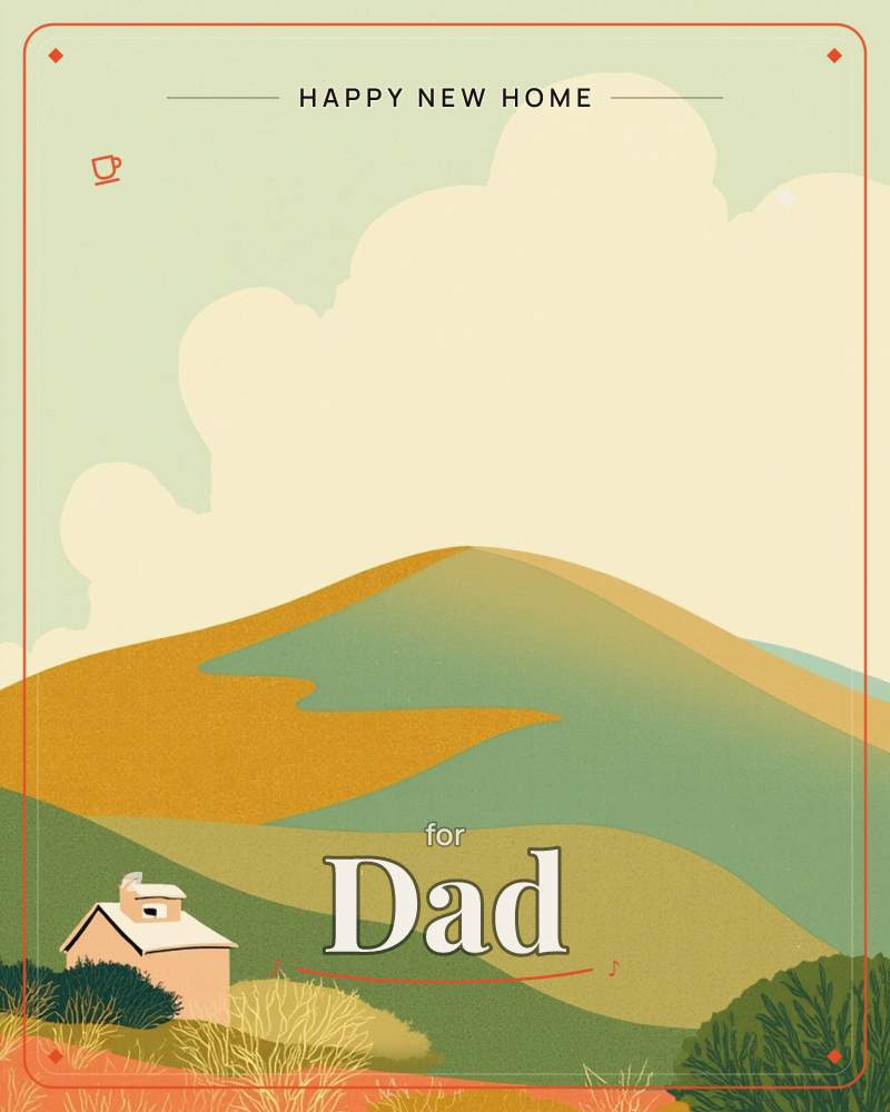 A small pink cottage with a chimney sits tucked at the base of rolling hills, their slopes shaded in mustard, sage and olive, a new home e-card design