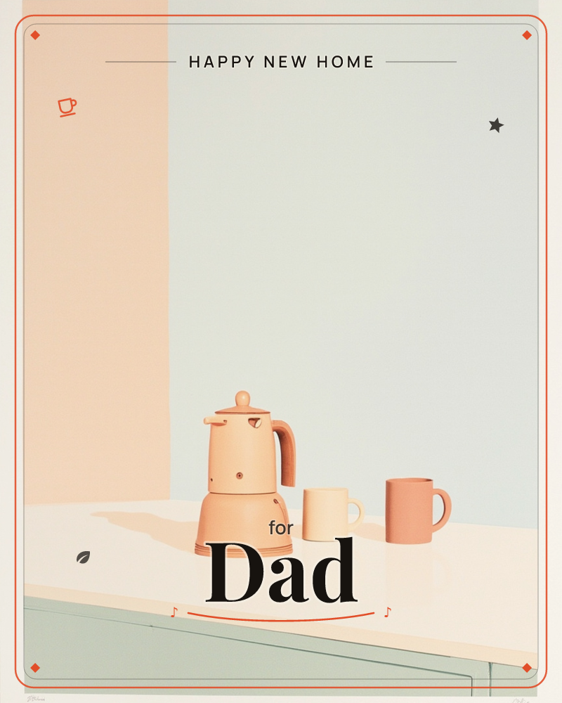 A stylised kitchen counter holds a peach-toned stovetop coffee pot flanked by two small mugs, one cream and one terracotta, a new home e-card design