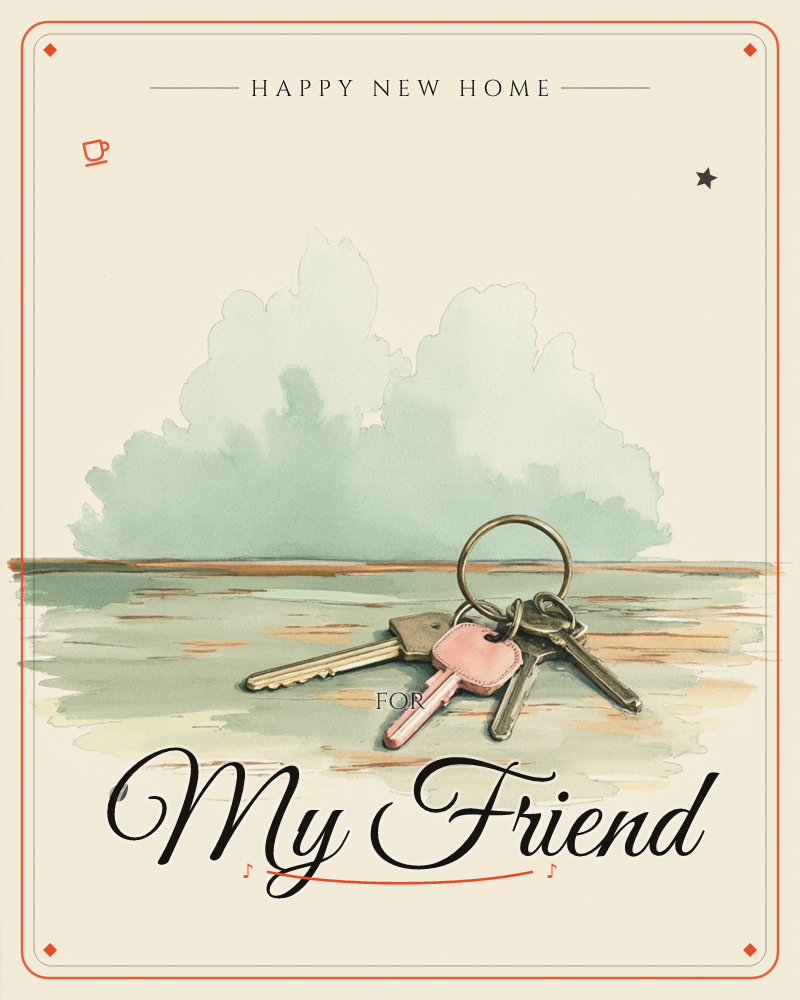 A set of house keys with a pink leather fob sits on a weathered wooden ledge, a soft sage-green hedge blurred in the background, a new home e-card design