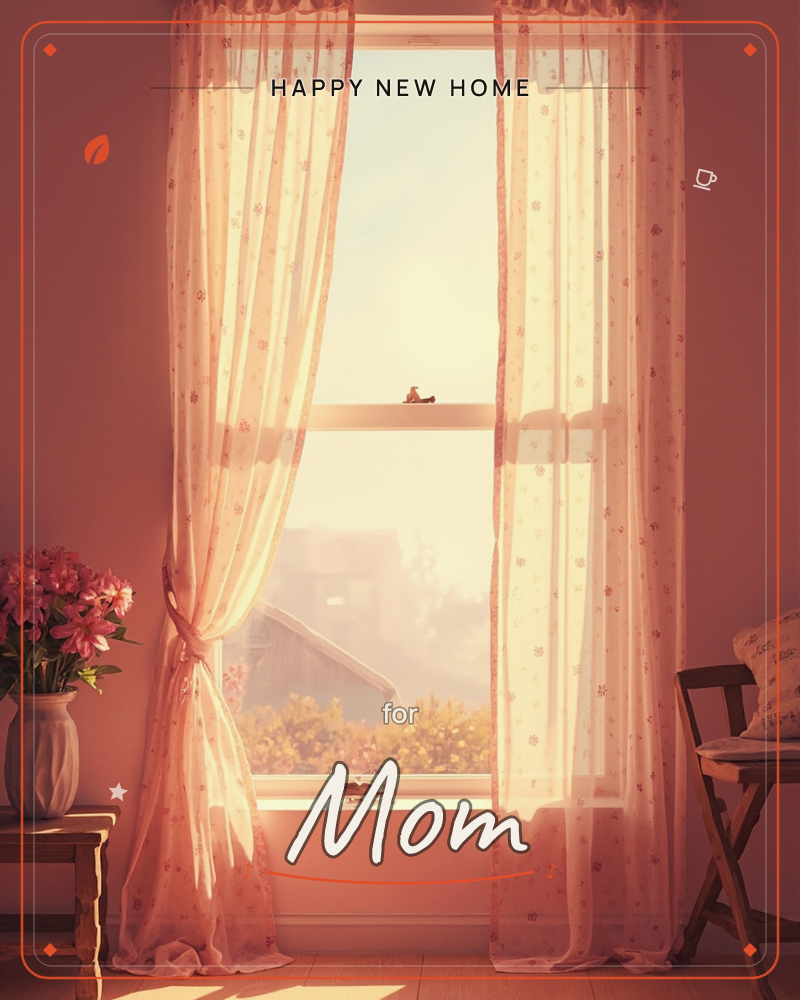 A tall window is framed by sheer, floral-patterned curtains tied back to let warm afternoon light pour into a quiet room, a new home e-card design