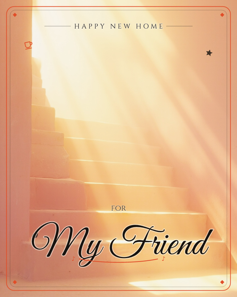 A stone staircase in warm terracotta tones climbs into a shaft of golden sunlight streaming from above, a new home e-card design