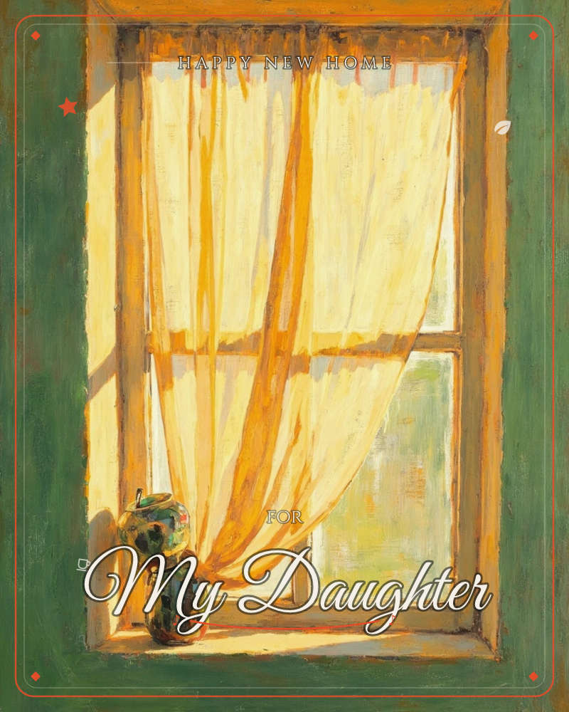 A sunlit window is framed in weathered wood set into a deep green wall, with a sheer golden curtain caught mid-billow against the glowing panes, a new home e-card design