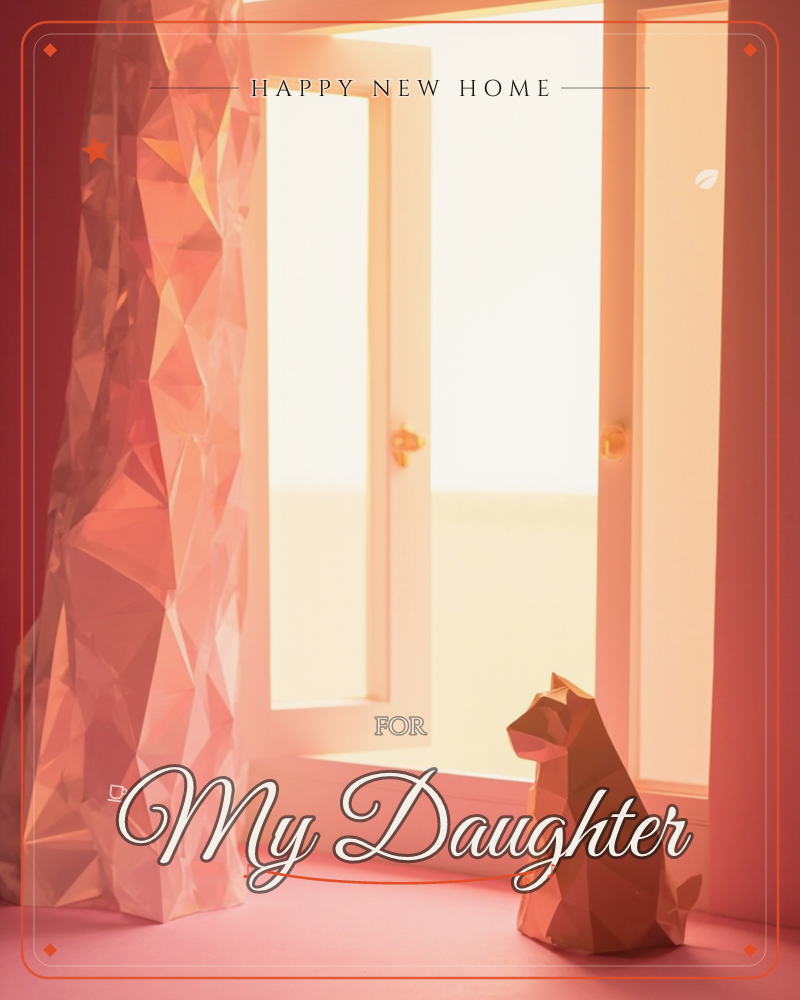 A low-poly cat sits on a windowsill, silhouetted against tall shuttered windows flooded with warm, glowing light, a new home e-card design