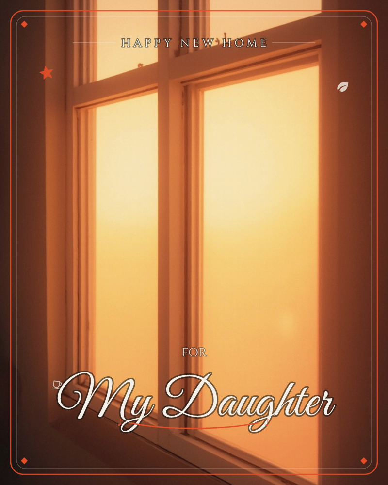 A sash window glows with the deep amber light of sunset pouring through its panes, the white wooden frame catching warm reflections against a dark…, a new home e-card design