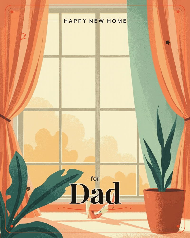 A tall paned window glows with warm golden light and soft cloud shapes outside, framed by orange curtains tied back on each side, a new home e-card design