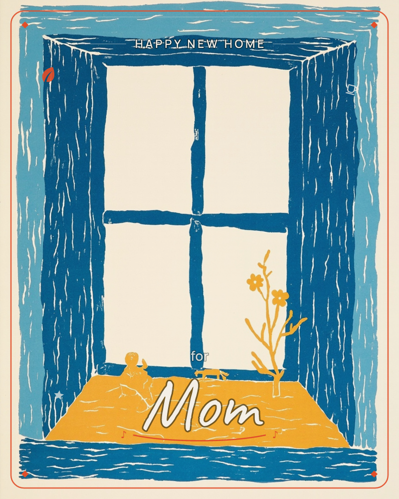 A blue wooden window frame opens onto a plain cream sky, its sill painted mustard-gold, a new home e-card design