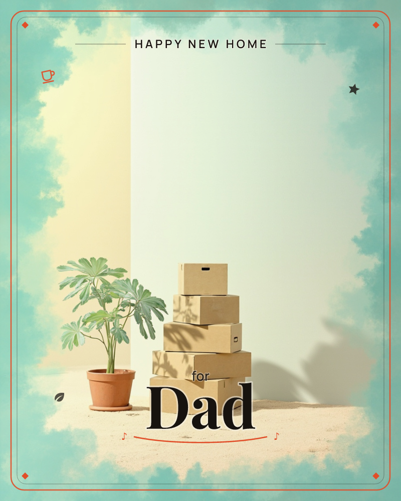 A stack of five cardboard boxes narrows to a point beside a leafy potted plant, set against a two-tone wall in soft yellow and pale mint, a new home e-card design