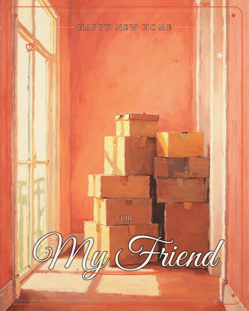A stack of cardboard boxes sits piled in the corner of an empty, sunlit room with warm terracotta walls, a new home e-card design
