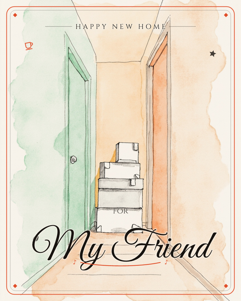 A narrow hallway is framed by two doors, one mint green and one burnt orange, with warm gold walls glowing between them, a new home e-card design