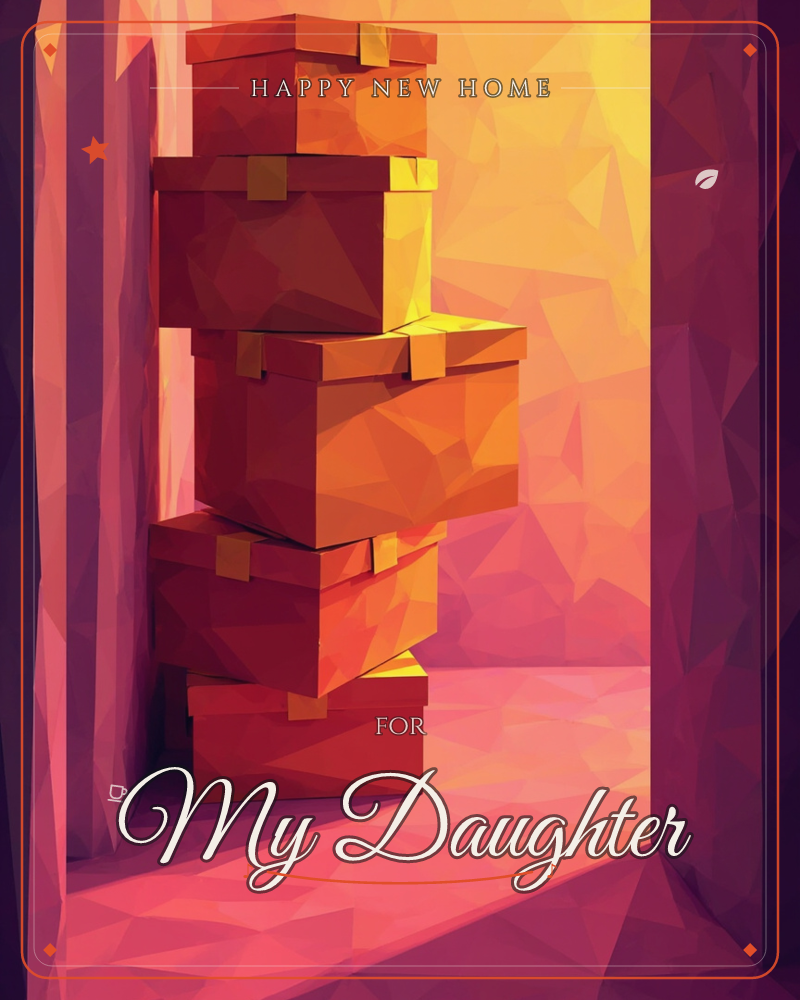 A stack of five wrapped gift boxes teeters between dark curtained drapes, all rendered in faceted low-poly geometry, a new home e-card design