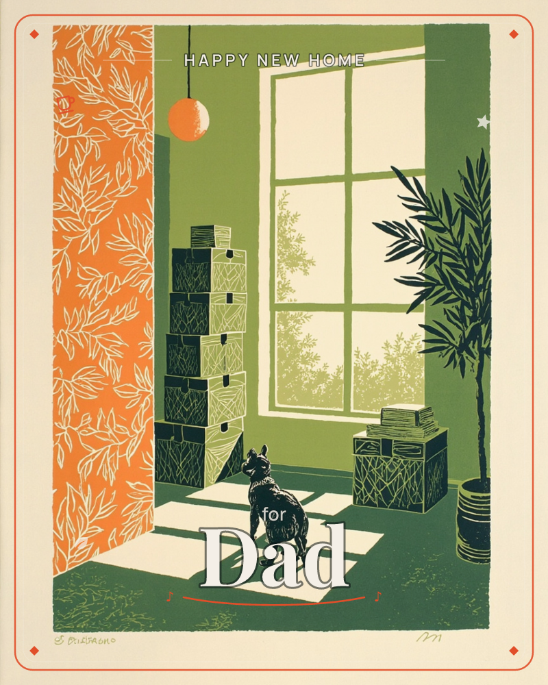 A stylized interior in bold linocut shapes shows a small dog sitting beside a tall stack of patterned boxes near a sunlit window, with a leafy potted…, a new home e-card design