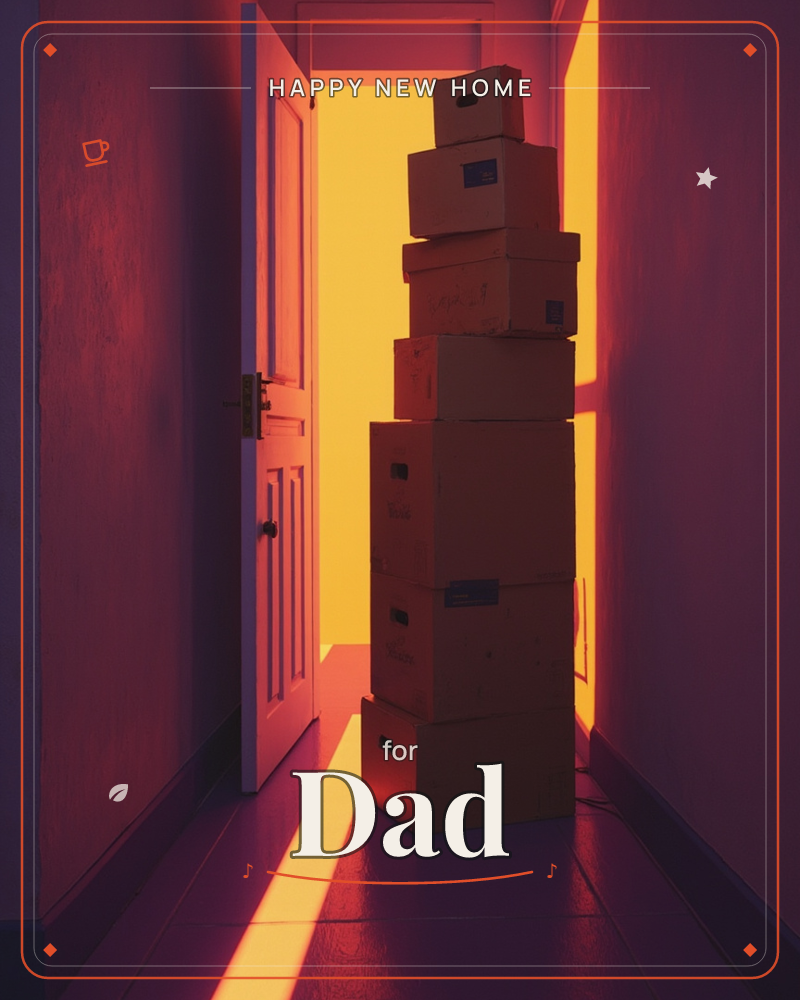 A tall, precarious stack of cardboard boxes fills a narrow hallway, silhouetted against a doorway that glows with warm golden light, a new home e-card design