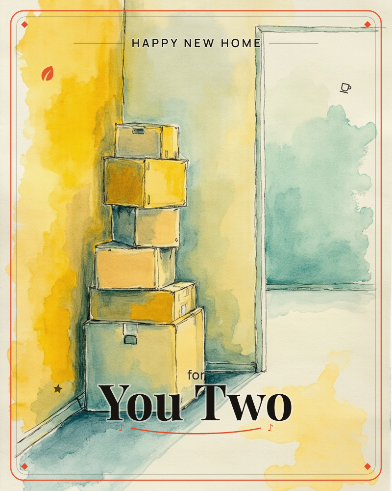 A stack of six cardboard boxes leans against the corner of an empty room, painted in loose washes of gold and teal, a new home e-card design