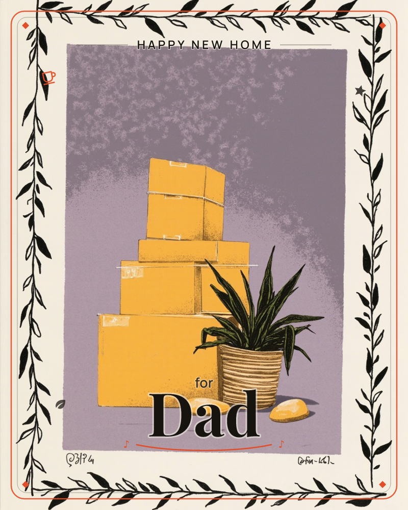 A stack of taped-up yellow cardboard moving boxes leans precariously beside a potted snake plant, with two round stones set on the floor nearby, a new home e-card design