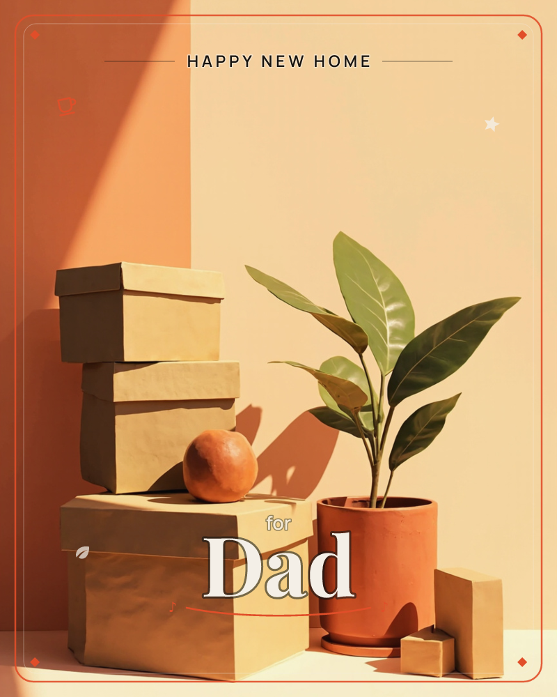 A stack of kraft-paper boxes leans beside a terracotta pot holding a broad-leafed plant, with a small orange ball perched on top of the pile, a new home e-card design