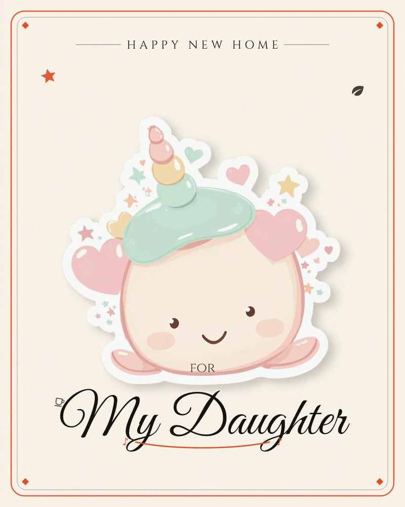 A round, blush-coloured creature with a soft mint unicorn cap and a striped pastel horn sits smiling on a cream background, a new home e-card design