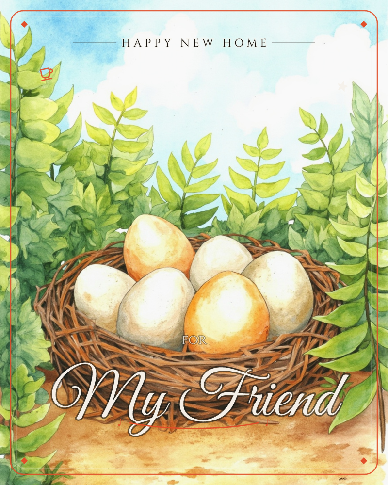 A woven twig nest cradles six speckled eggs in cream and warm orange, set low among tall fern fronds that arch against a soft blue sky dotted with clouds, a new home e-card design