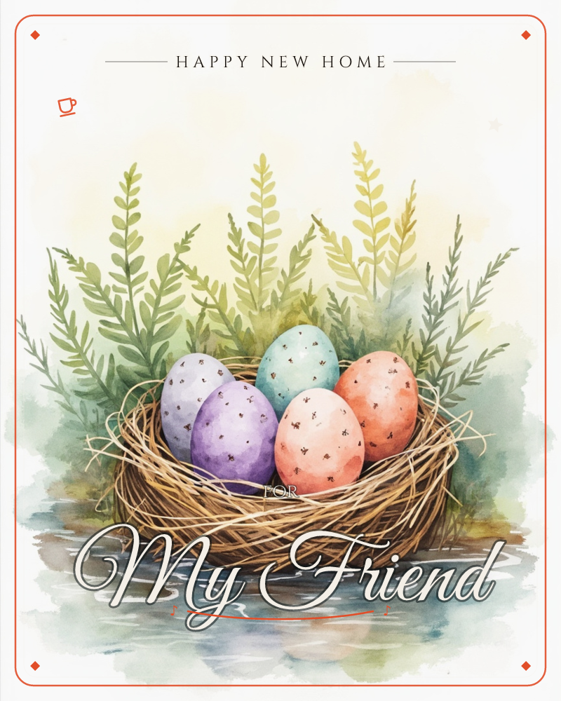 A woven twig nest cradles five speckled eggs in soft lilac, mint, and coral, set among feathery green fronds by the edge of still water, a new home e-card design