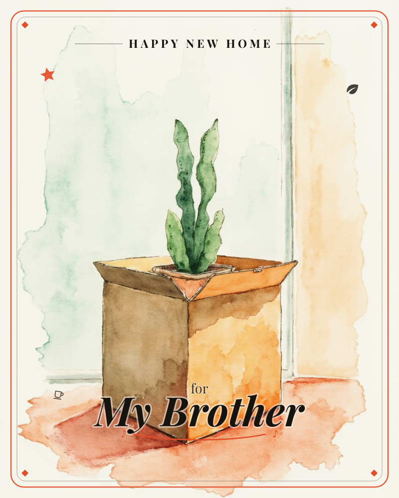 A watercolour painting shows a snake plant with tall pointed leaves poking out of an open cardboard box, its small pot still wrapped for the move, a new home e-card design