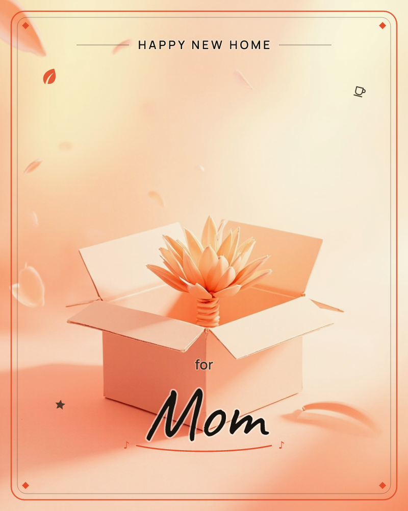 An open cardboard box sits centre stage with a large peach-toned flower blooming up out of it on a coiled spring, as if it just sprang open like a…, a new home e-card design