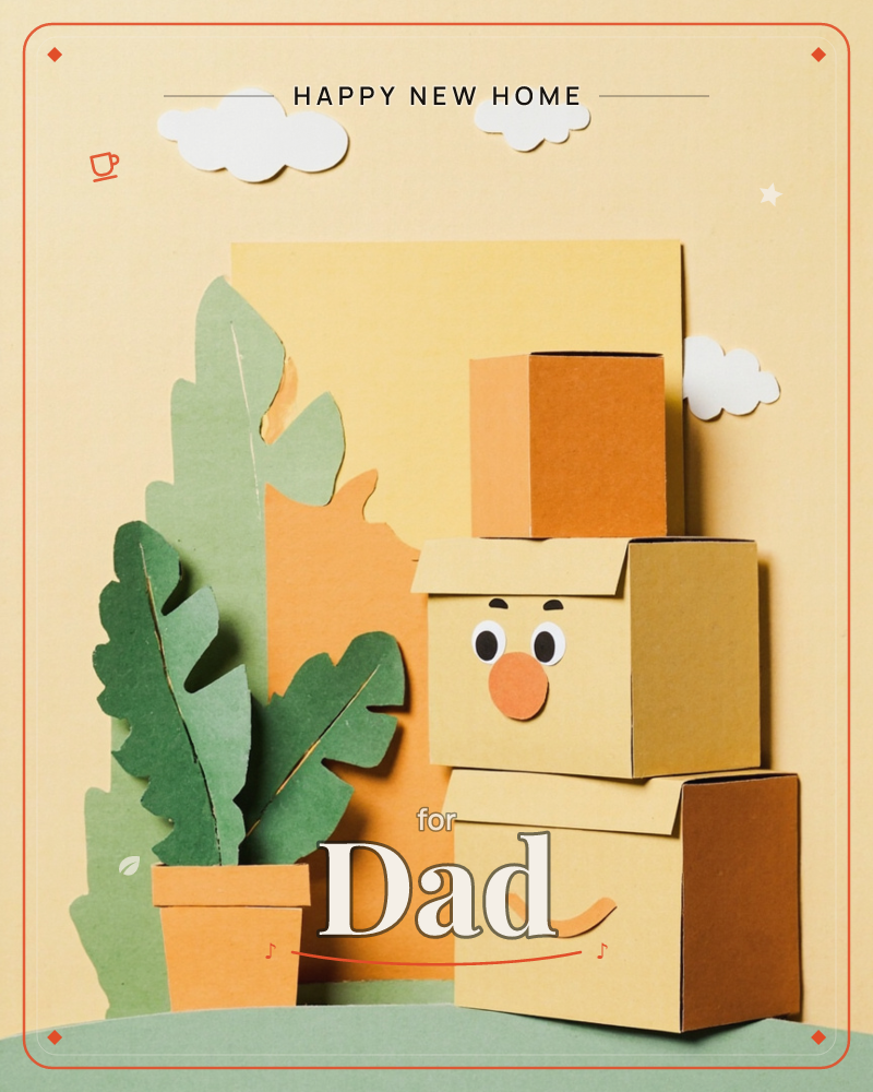 A cheerful stack of cardboard boxes has been given googly eyes, a round orange nose, and a curved smile, turning it into a friendly little character…, a new home e-card design
