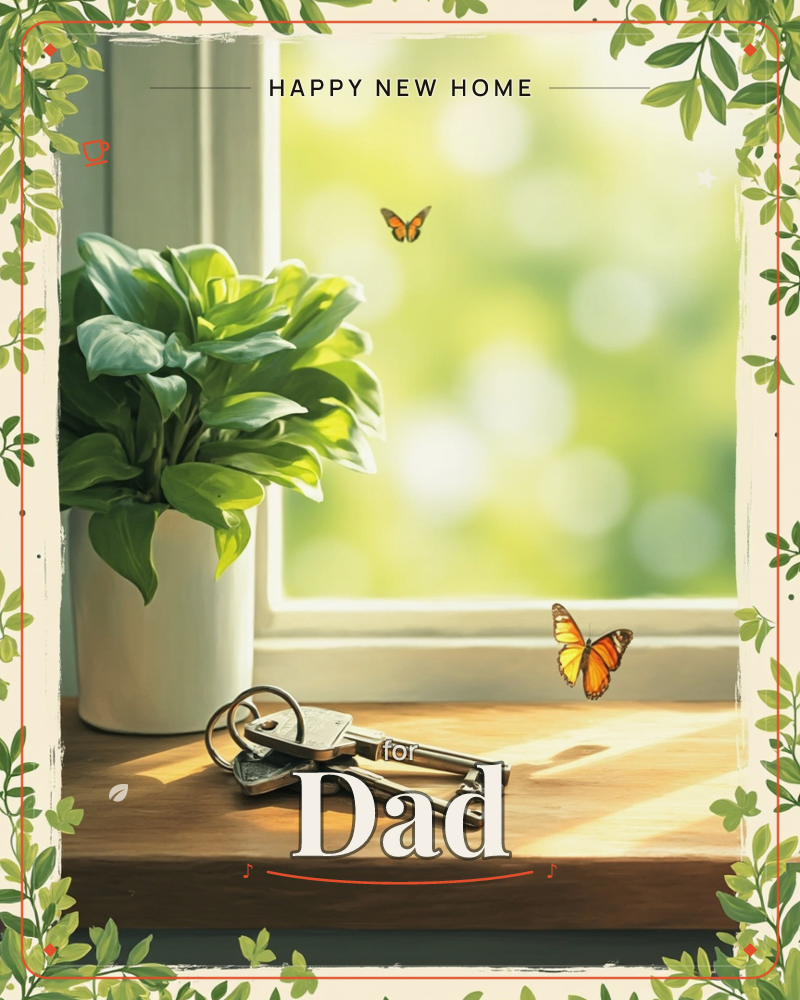 A sunlit windowsill holds a leafy potted plant and a small ring of keys, with two orange butterflies drifting past the glass, a new home e-card design