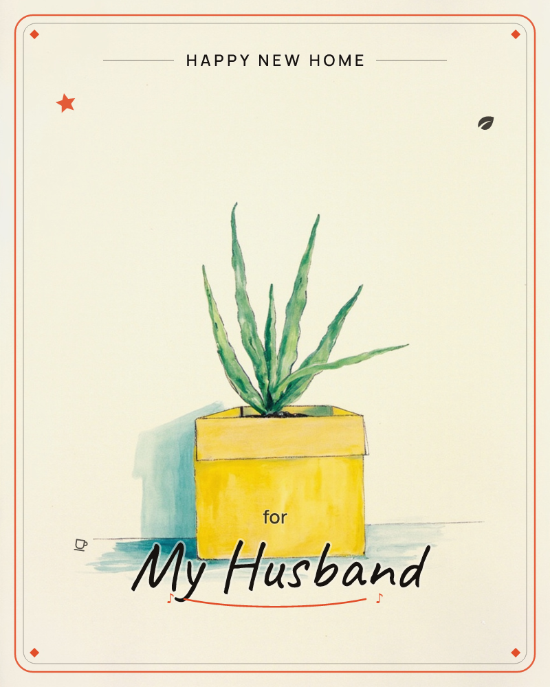 A simple watercolour study of an aloe plant growing from a mustard-yellow box planter, its long green spikes fanning out against a pale, softly…, a new home e-card design