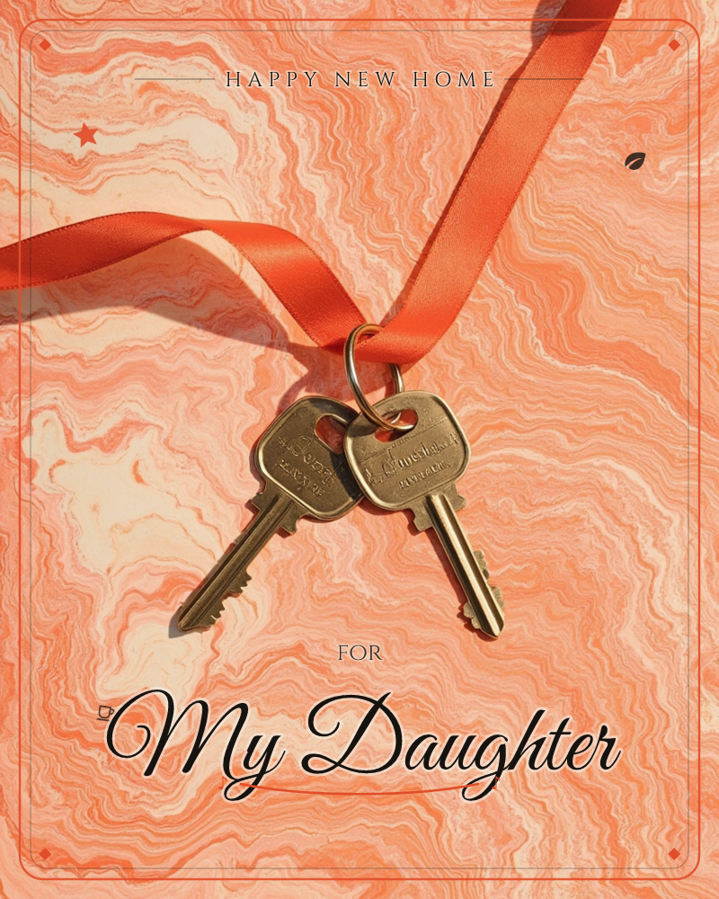 Two brass keys hang from a coral-red satin ribbon, photographed against a swirling marbled backdrop in shades of peach and terracotta, a new home e-card design