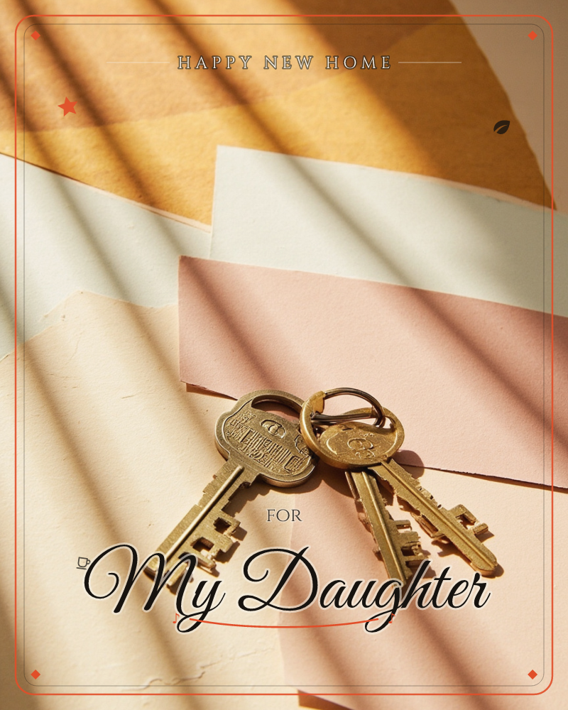 A ring of old brass keys rests on layered sheets of paper in mustard, cream and dusty pink, with hard slatted shadows cutting diagonally across the…, a new home e-card design